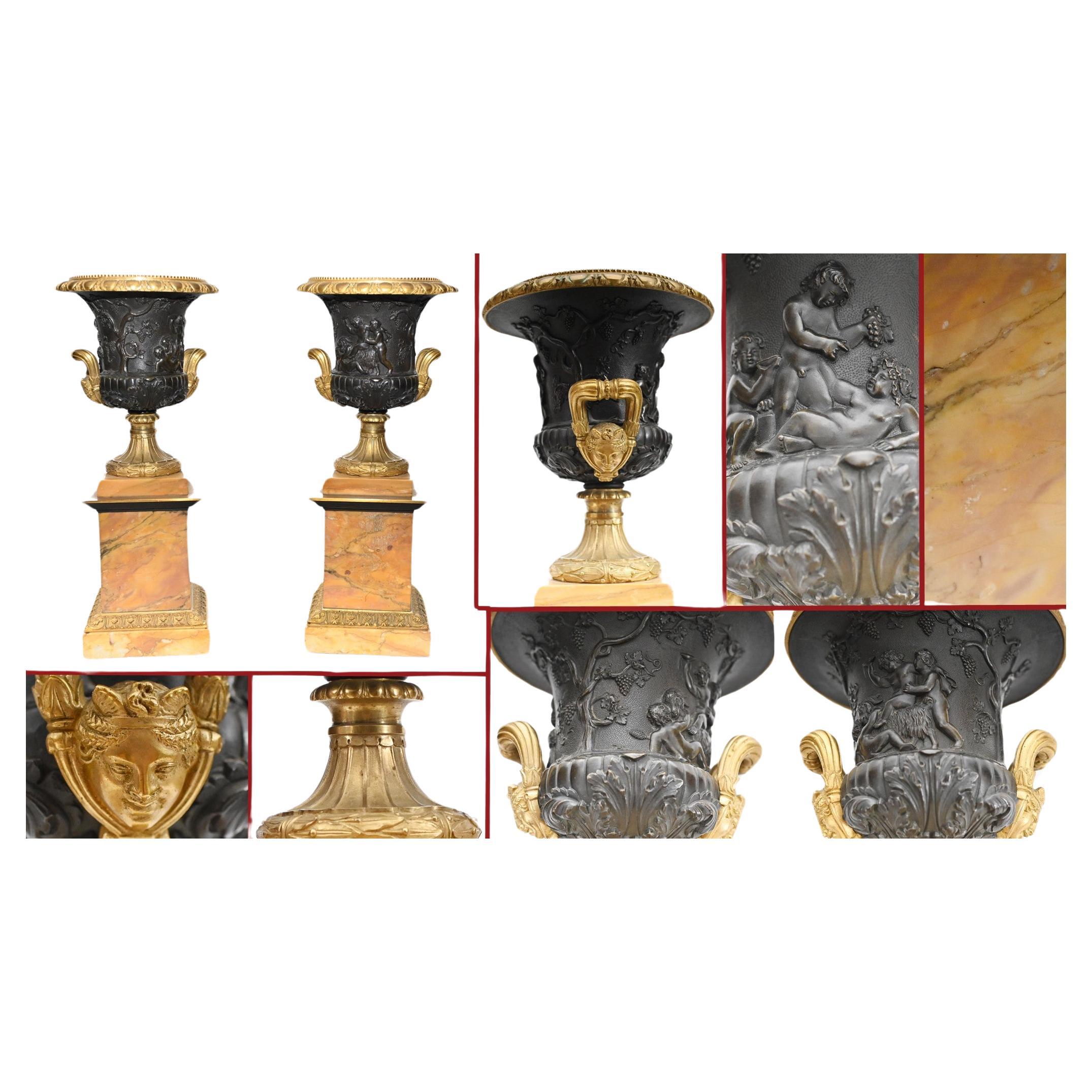 Pair Bronze Urns Cherub Bacchus Italian Grand Tour Campana 1880 For Sale