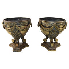 Antique Pair of Neoclassical Bronze Urns or Planters