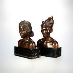 Pair Bronzed Composition Portrait Busts of Anglo-Indian Man & Woman 20th C