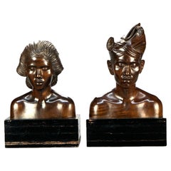 Pair Bronzed Composition Portrait Busts of Anglo-Indian Man & Woman 20th C