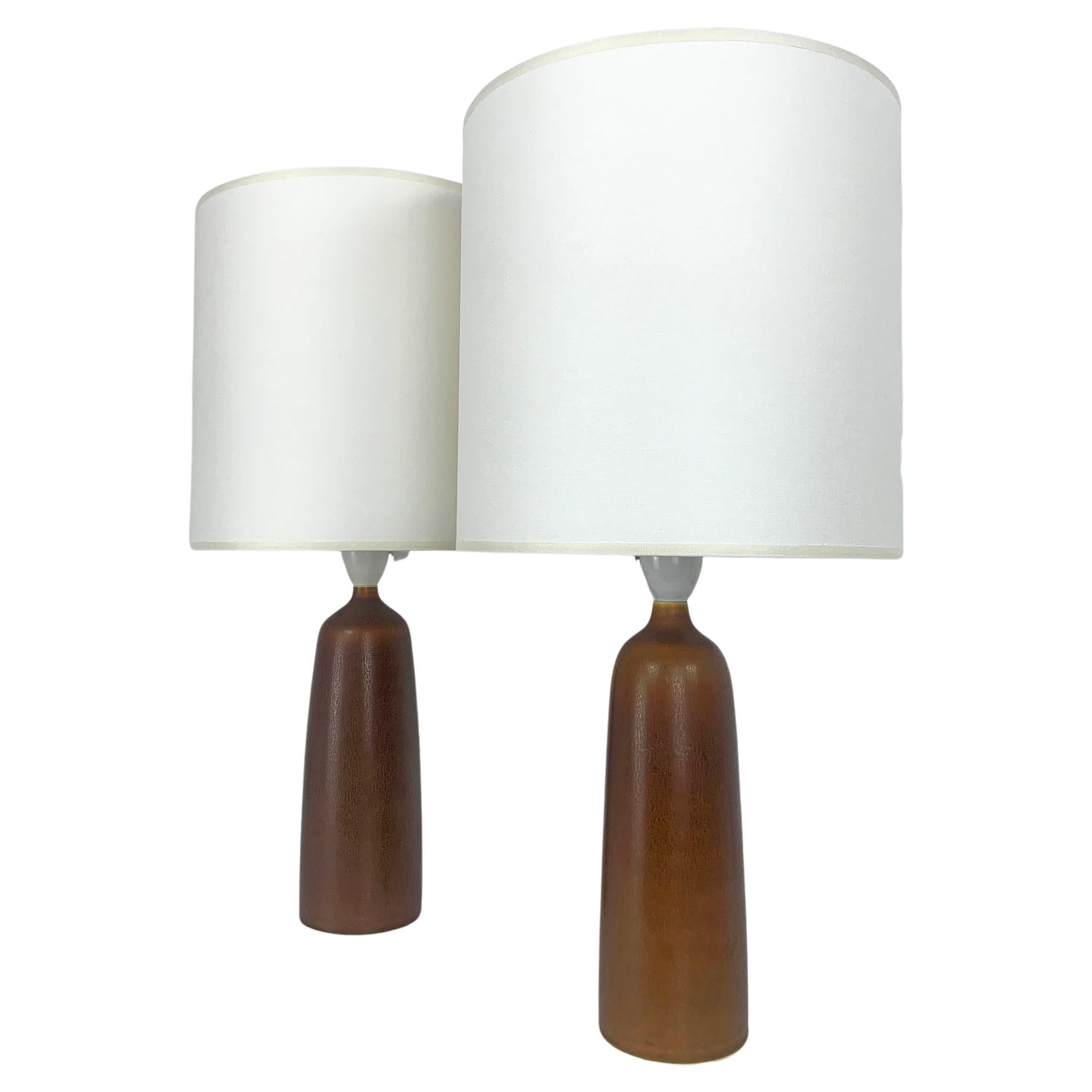 Pair brown ceramic table lamps Palshus Denmark stoneware Linnemann-Schmidt 
