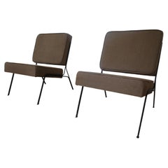 Pair Brown Fabric Metal Chairs