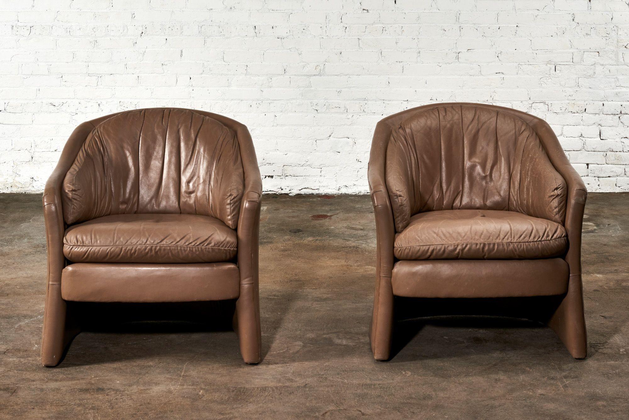Pair Brown Leather Barrel Chairs, 1980.  Original leather.