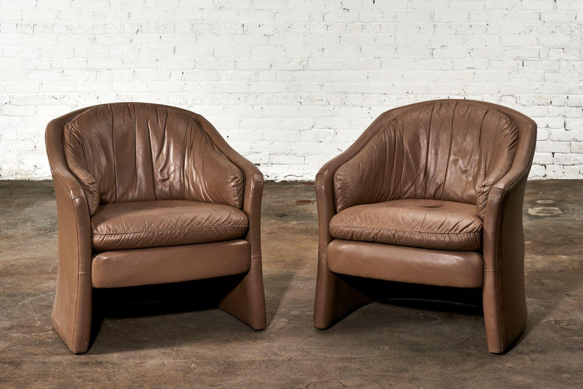 Post-Modern Pair Brown Leather Barrel Chairs, 1980 For Sale