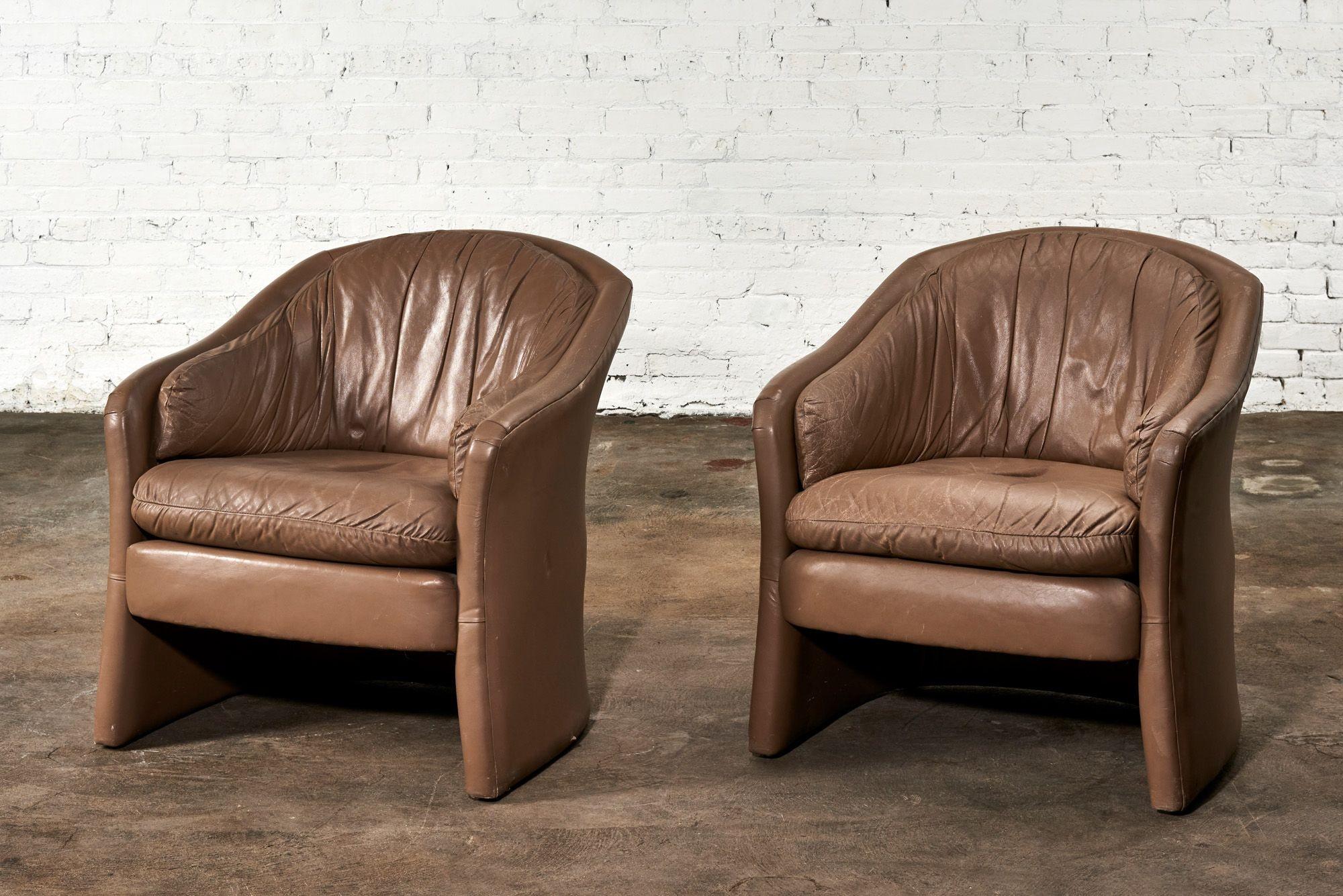 American Pair Brown Leather Barrel Chairs, 1980 For Sale