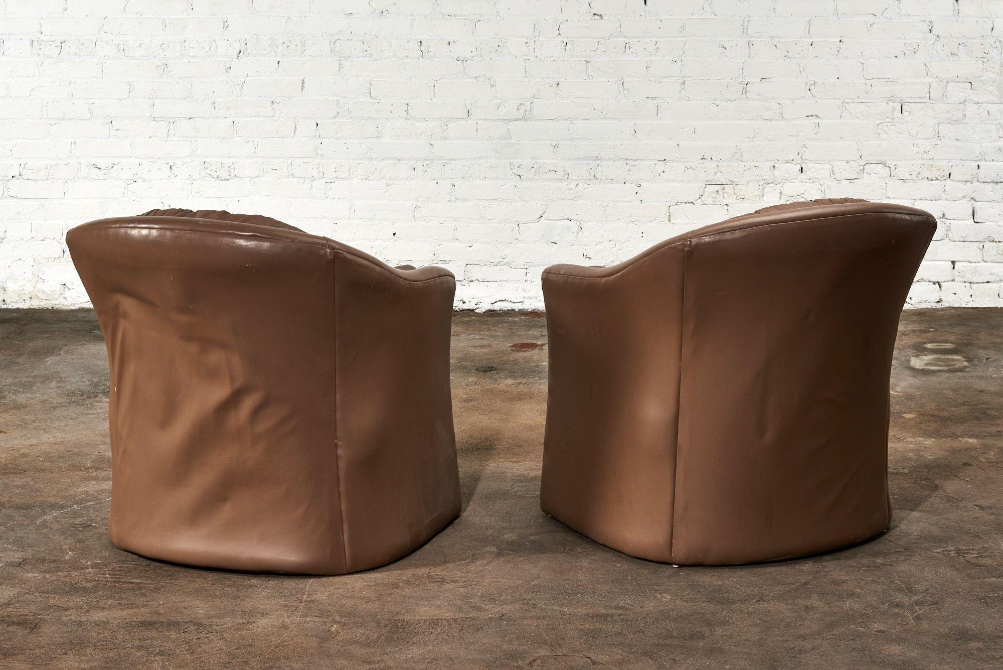 Late 20th Century Pair Brown Leather Barrel Chairs, 1980 For Sale