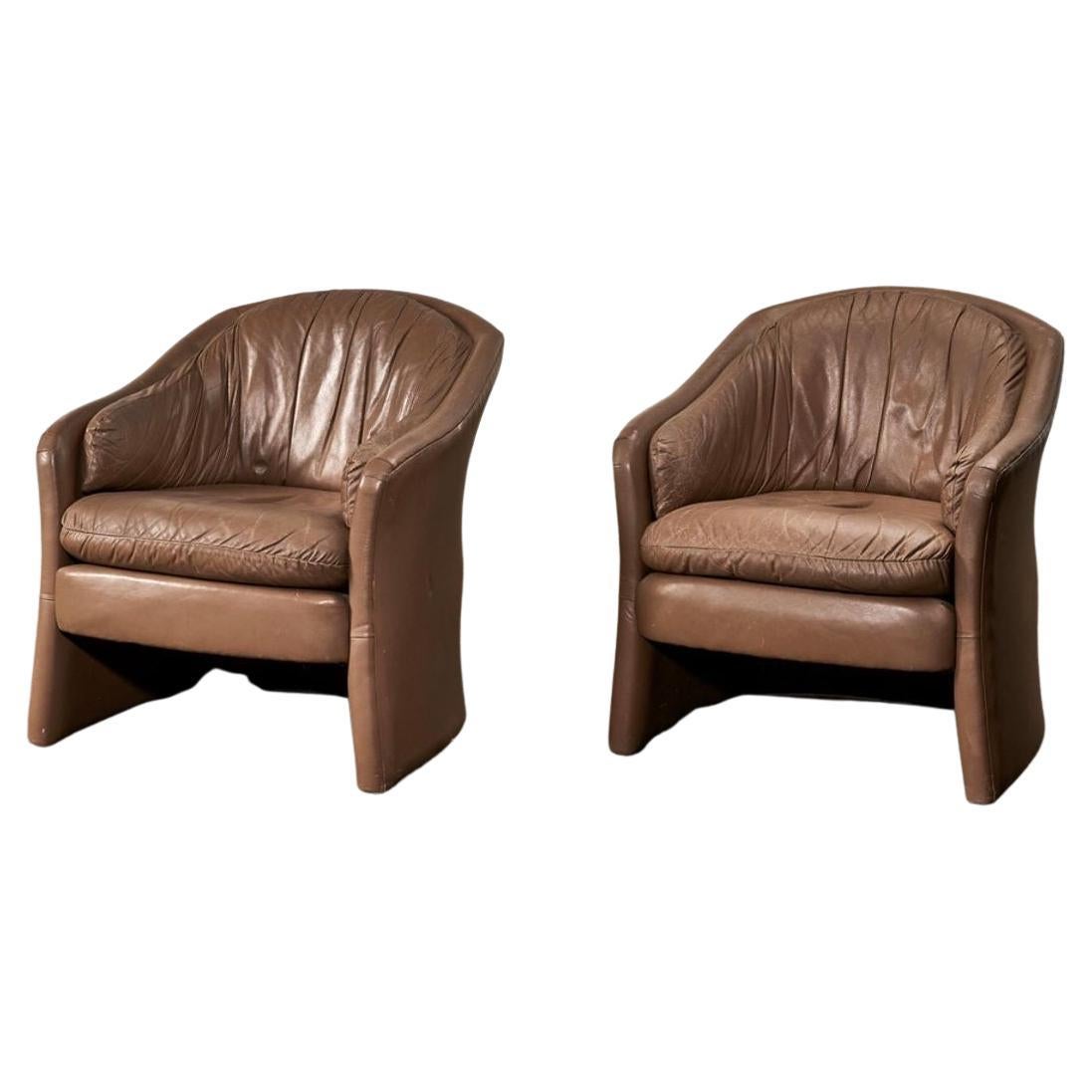 Pair Brown Leather Barrel Chairs, 1980 For Sale