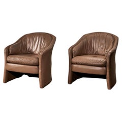 Retro Pair Brown Leather Barrel Chairs, 1980
