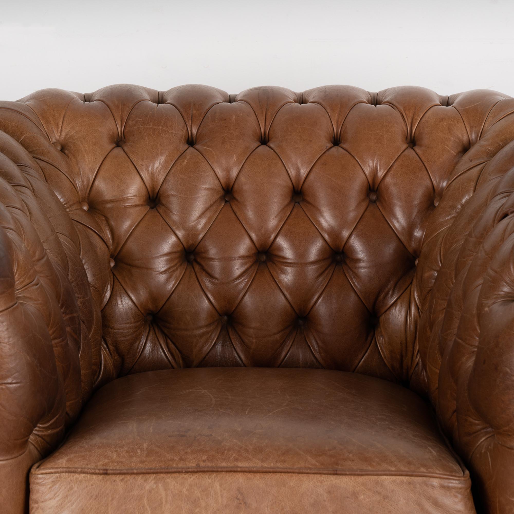 Pair, Brown Leather Chesterfield 2 Seat Sofa & Club Chair, Denmark circa 1960-70 5