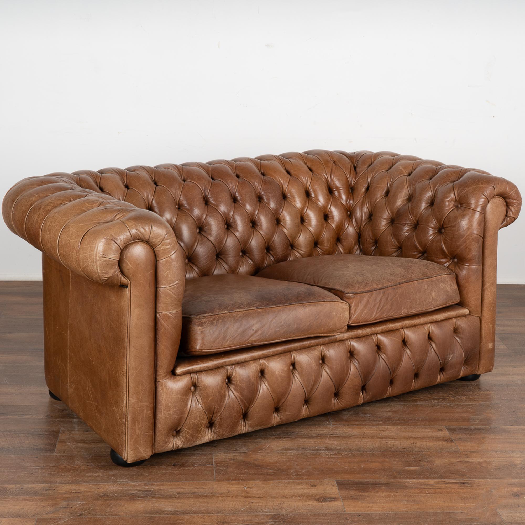 Danish Pair, Brown Leather Chesterfield 2 Seat Sofa & Club Chair, Denmark circa 1960-70