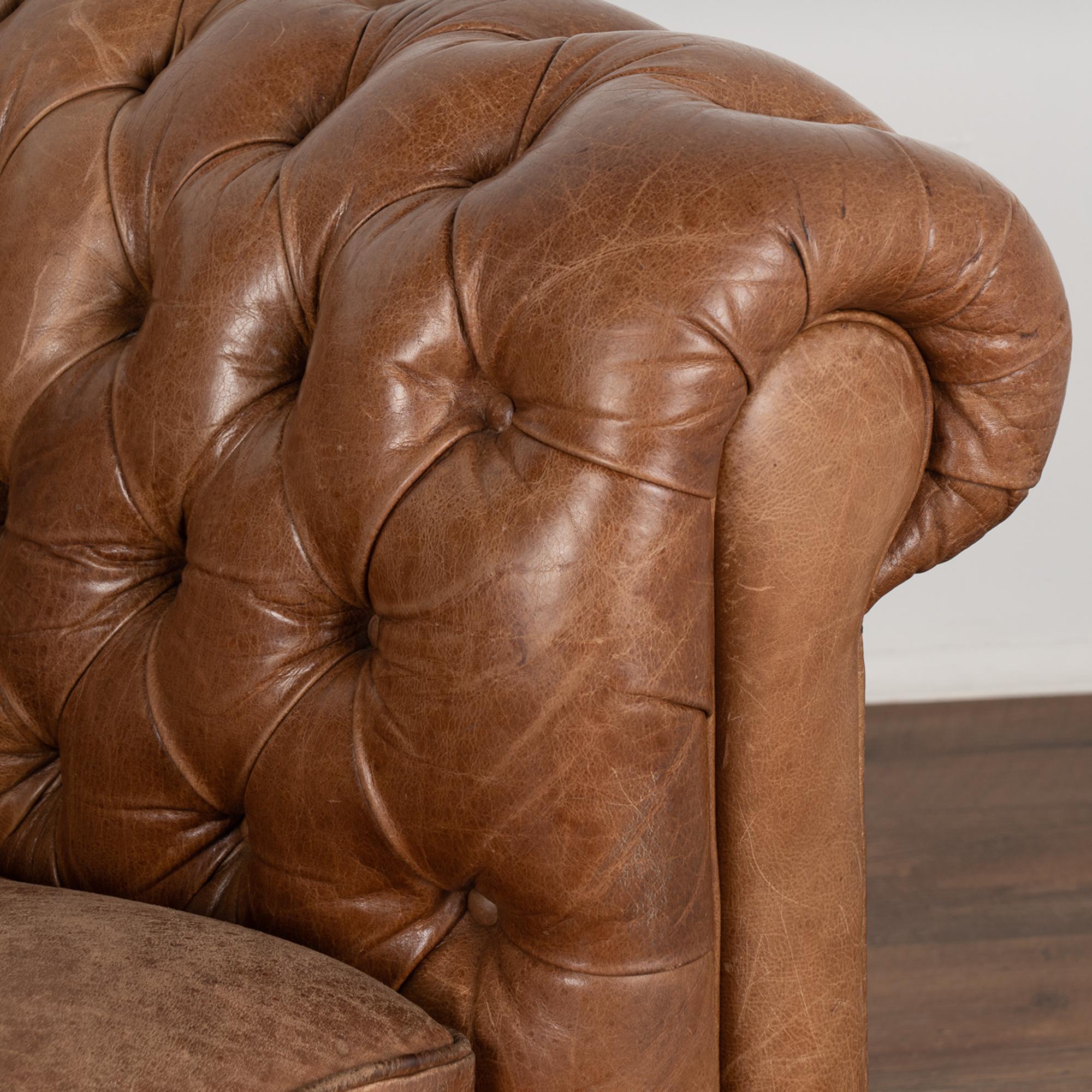 Pair, Brown Leather Chesterfield 2 Seat Sofa & Club Chair, Denmark circa 1960-70 1