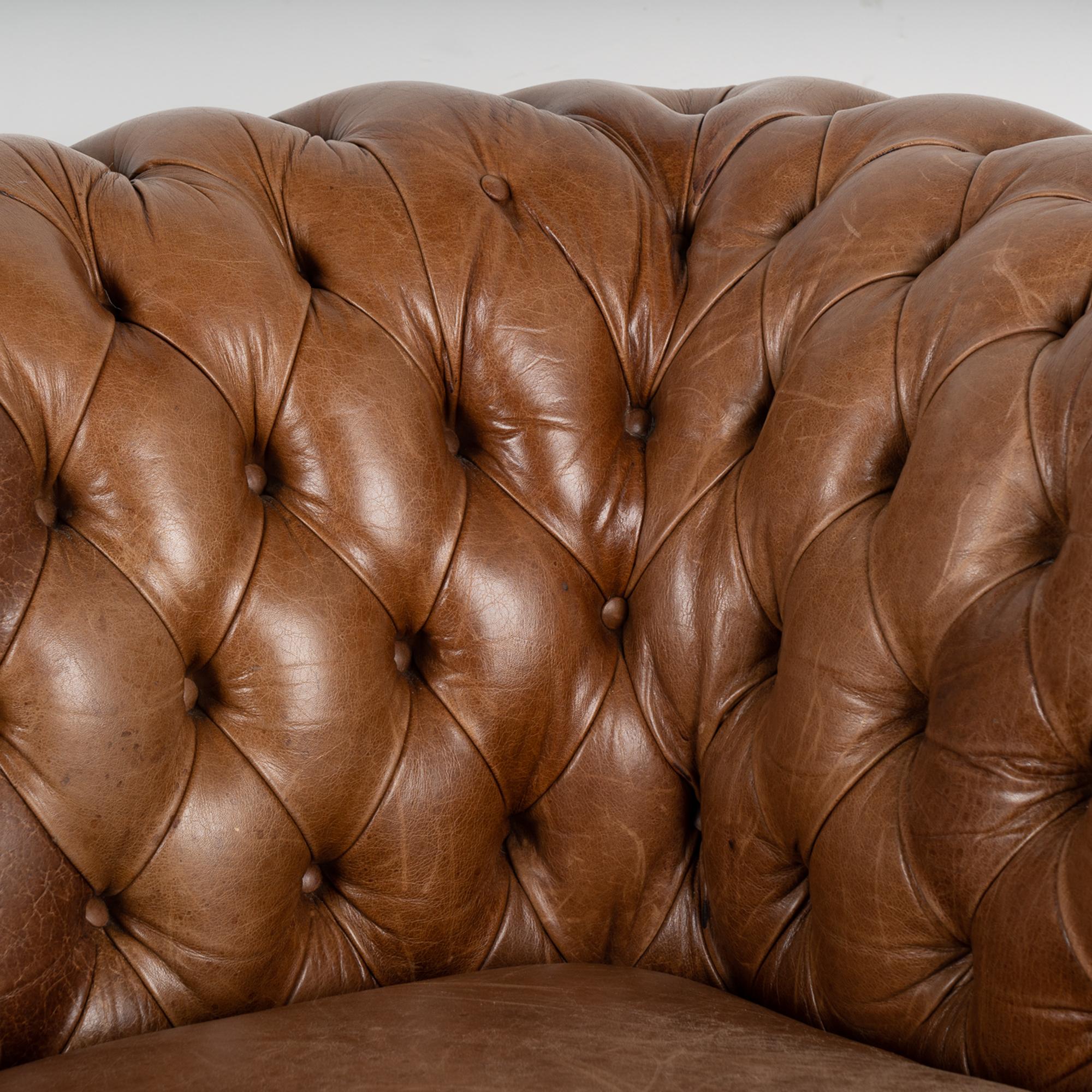 Pair, Brown Leather Chesterfield 2 Seat Sofa & Club Chair, Denmark circa 1960-70 2