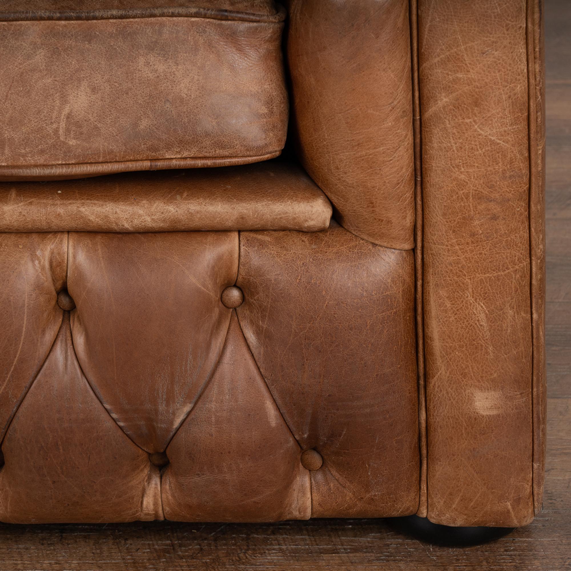 Pair, Brown Leather Chesterfield 2 Seat Sofa & Club Chair, Denmark circa 1960-70 3