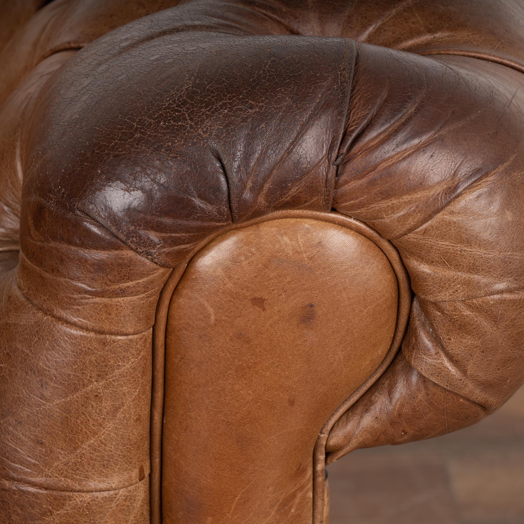 Pair, Brown Leather Chesterfield 2 Seat Sofa & Club Chair, Denmark circa 1960-70 4