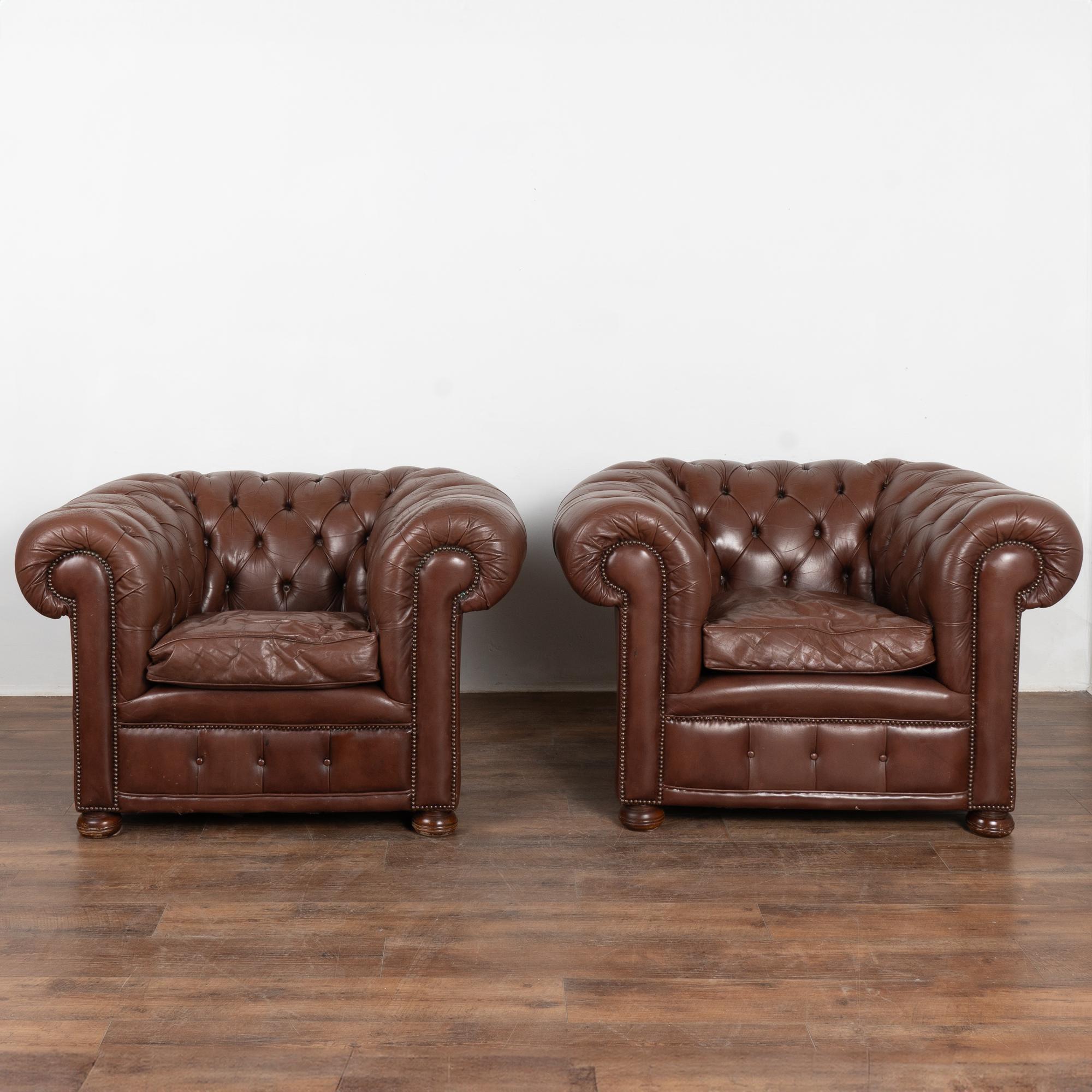 Pair, Brown Leather Chesterfield Armchairs Club Chairs, Denmark circa 1940-60 For Sale 8