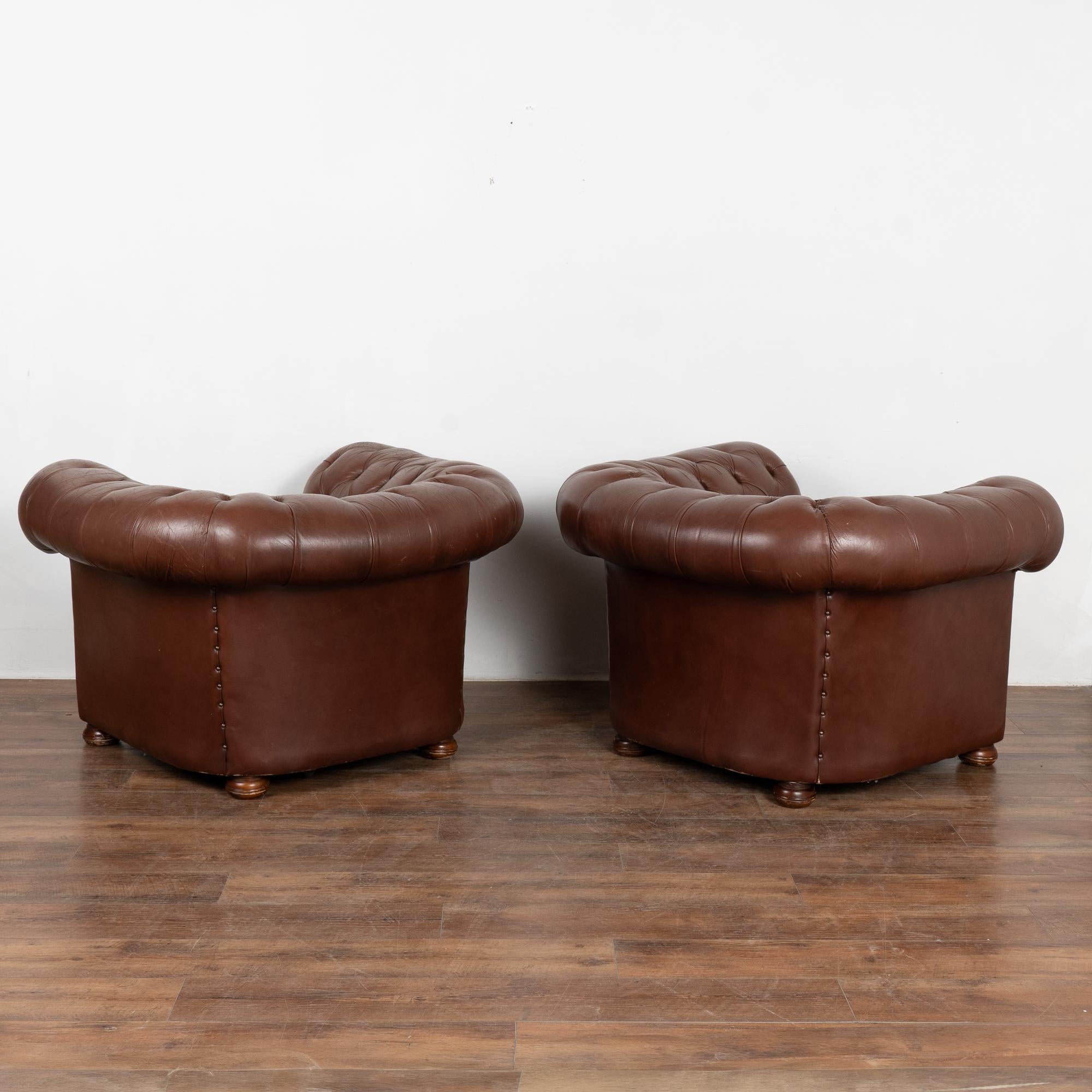 Pair, Brown Leather Chesterfield Armchairs Club Chairs, Denmark circa 1940-60 For Sale 9