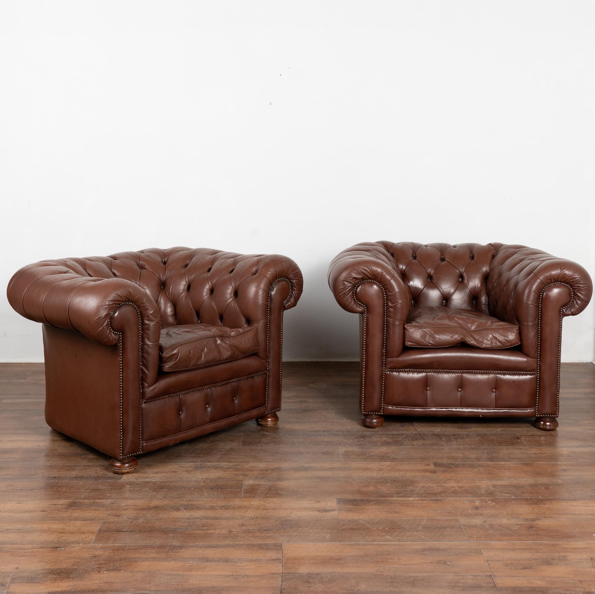 Pair, vintage brown leather chesterfield club arm chairs resting on bun feet.
Upholstered in button-tufted brown leather with nail head trim, rolled arms and loose seat cushions.
Sits comfortably and low with seat height at 19.5