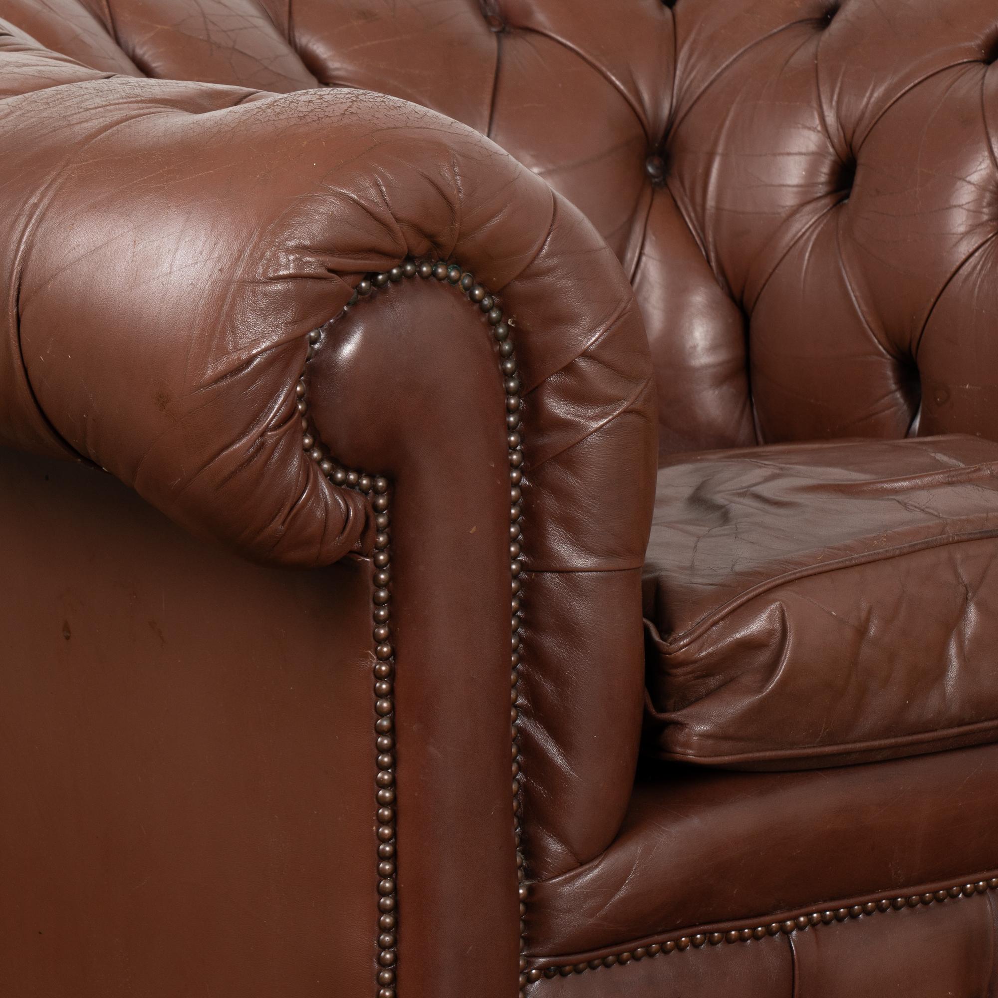Danish Pair, Brown Leather Chesterfield Armchairs Club Chairs, Denmark circa 1940-60 For Sale