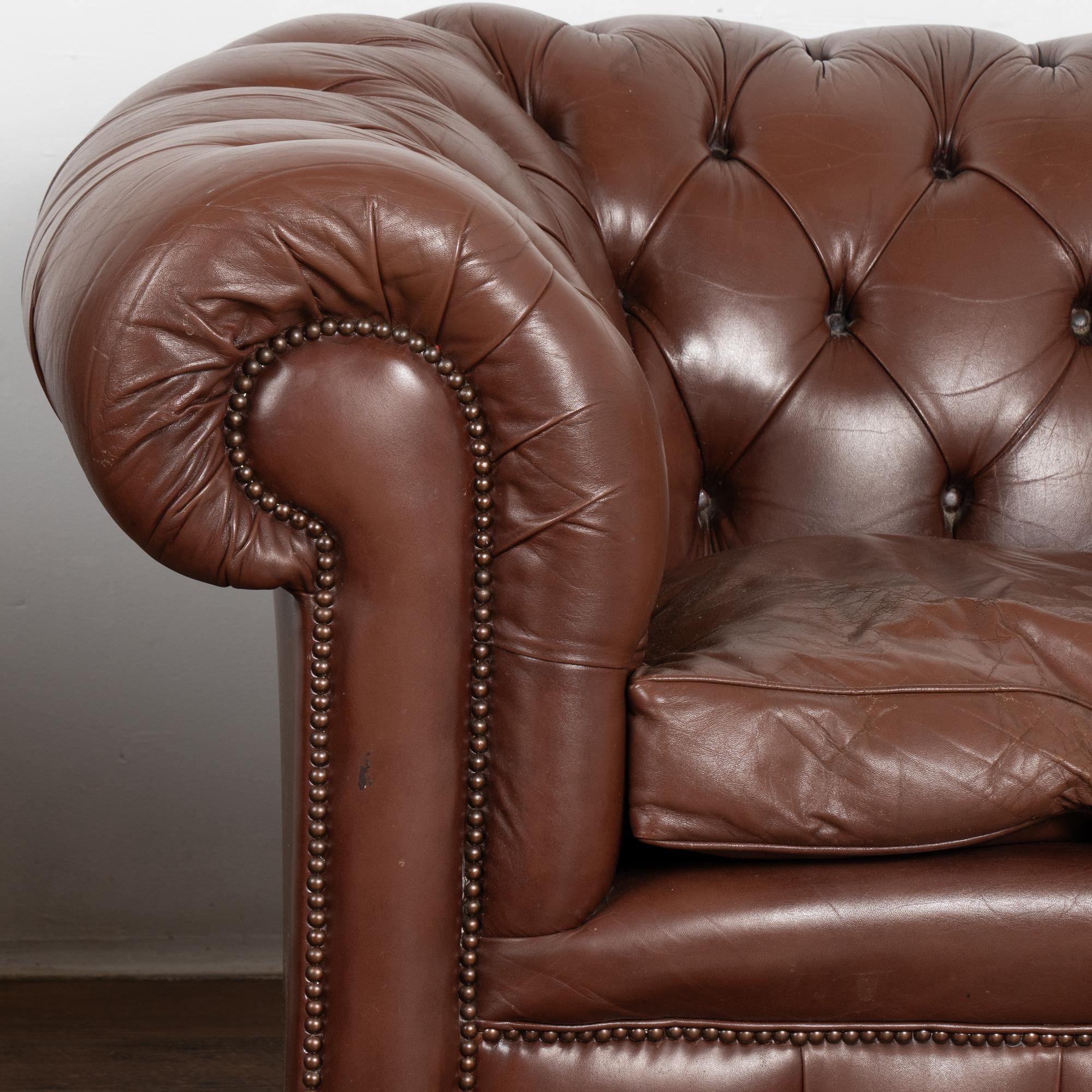 Pair, Brown Leather Chesterfield Armchairs Club Chairs, Denmark circa 1940-60 In Fair Condition For Sale In Round Top, TX
