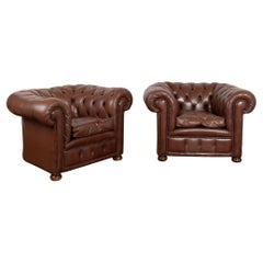 Pair, Brown Leather Chesterfield Armchairs Club Chairs, Denmark circa 1940-60