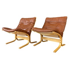 Pair Brown Leather Siesta Lounge Chairs by Ingmar Relling for Westnofa of Norway