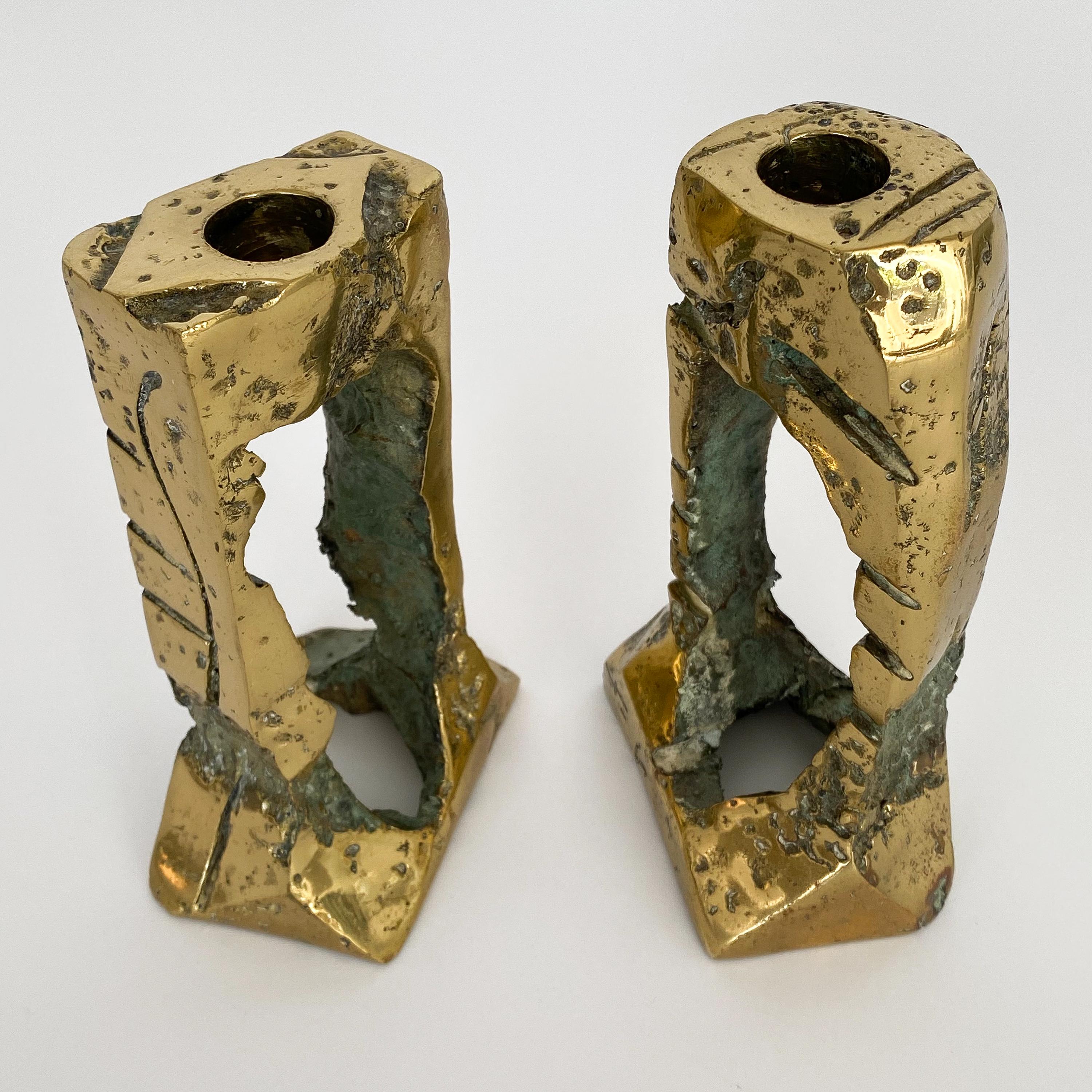 Brazilian Pair of Brutalist Bronze Candlesticks by Hugo Rodriguez