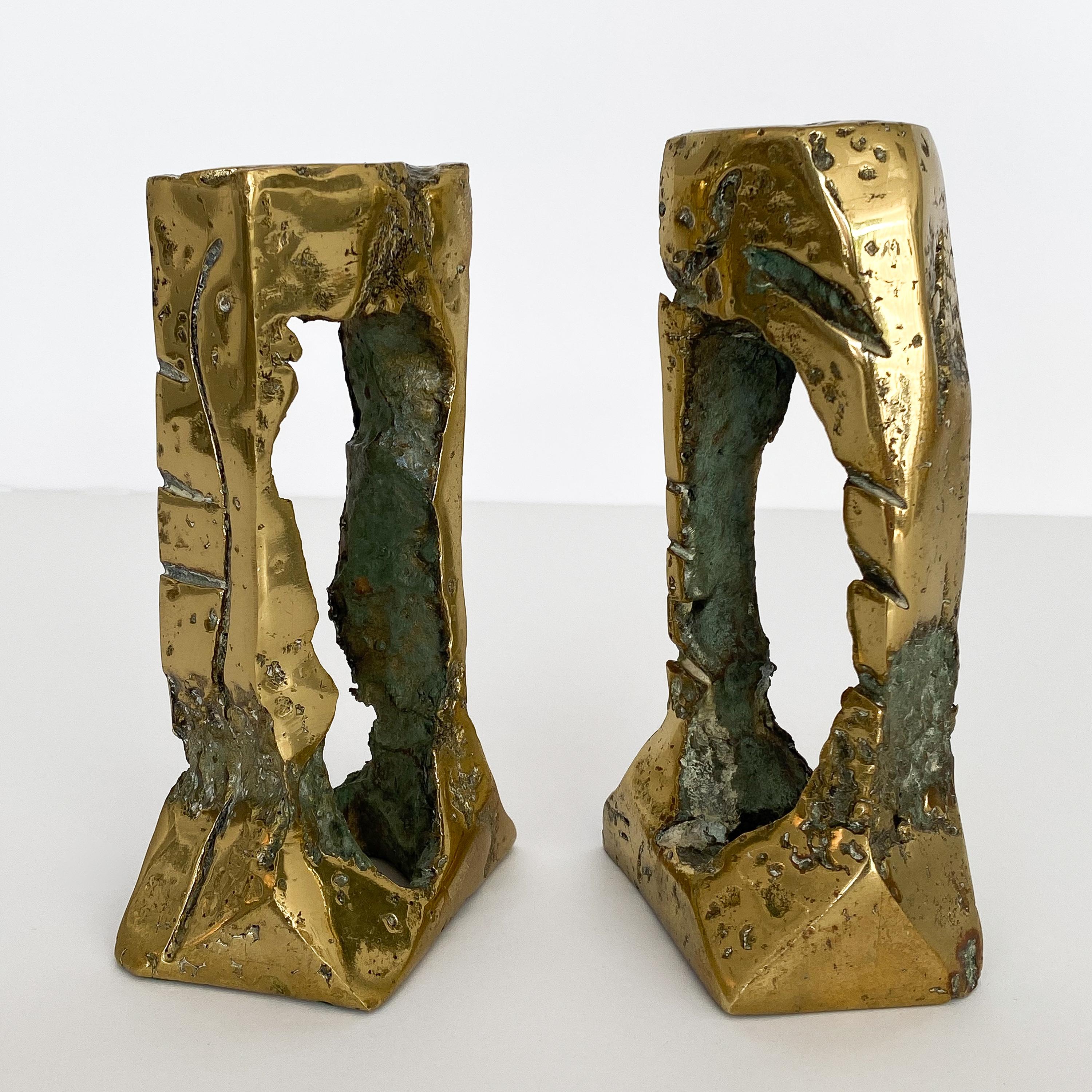 Patinated Pair of Brutalist Bronze Candlesticks by Hugo Rodriguez