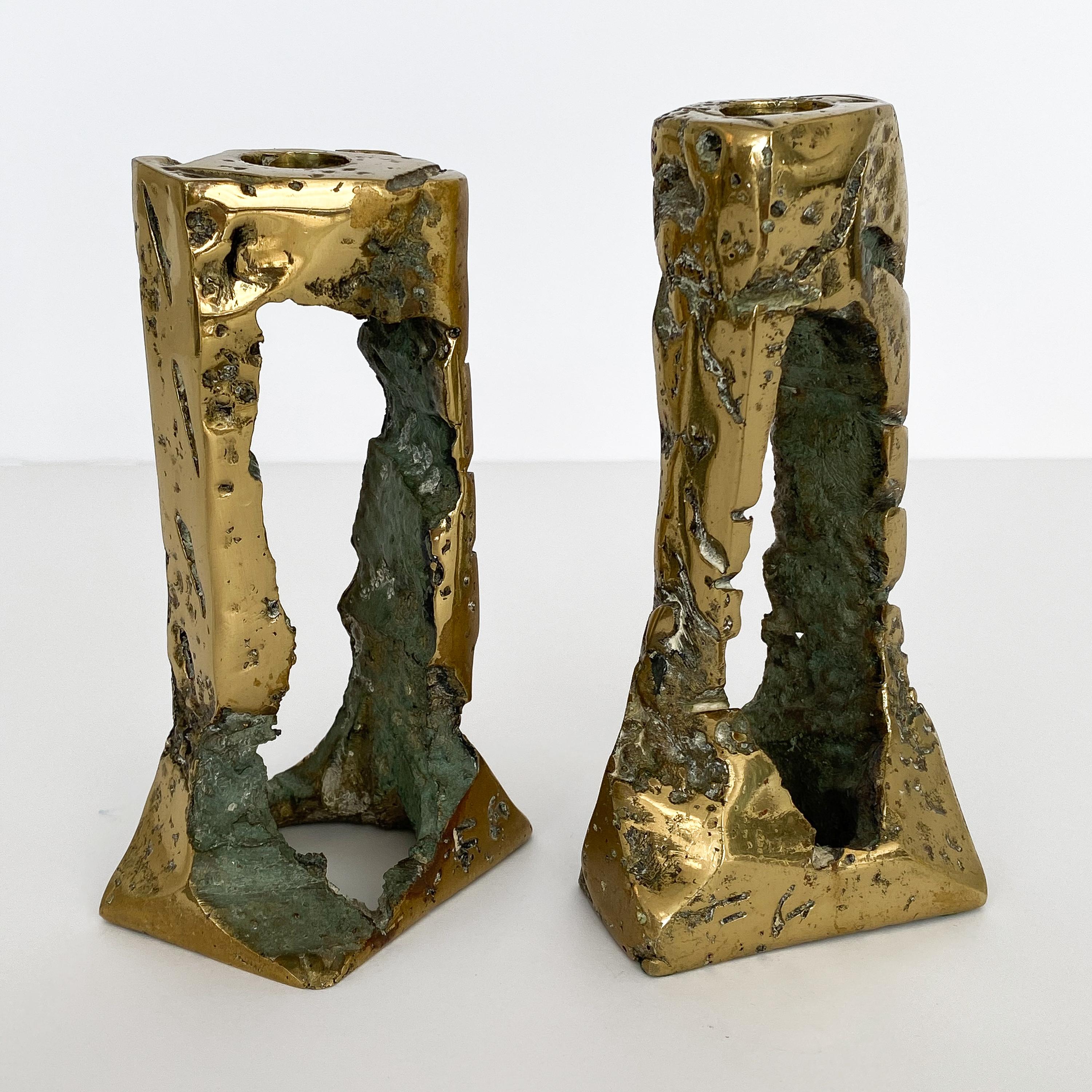 Late 20th Century Pair of Brutalist Bronze Candlesticks by Hugo Rodriguez