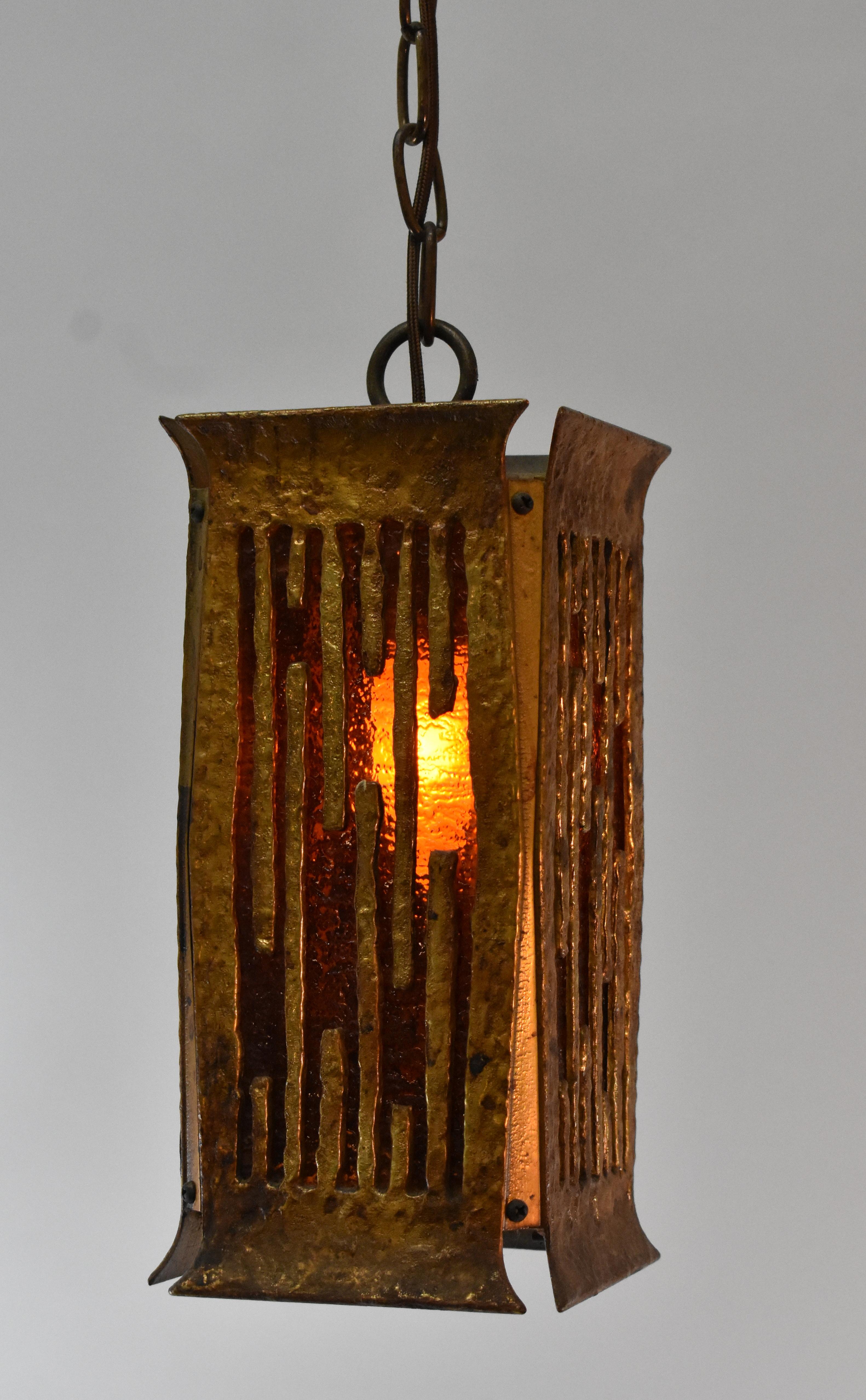 20th Century Pair of Brutalist Cast Brass Hanging Hall or Porch Lanterns For Sale