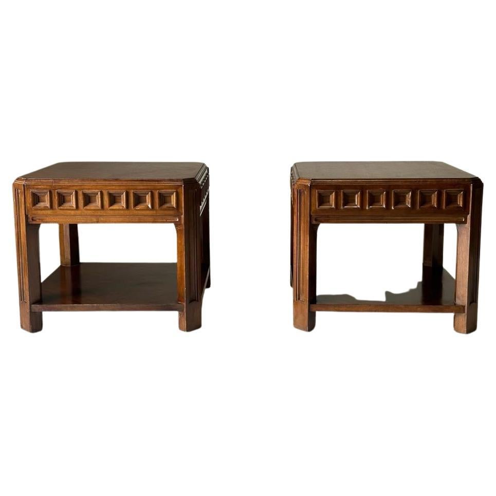 1960's French pair brutalist design side tables.
Recently restored/refinished.
Classic repeated square motif on apron.
Angled designed legs.
Lower shelf.
