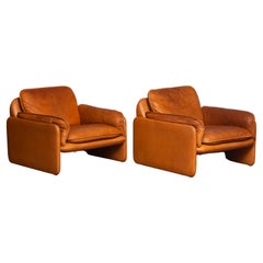 Pair Brutalist DS-61 Cognac With Great Patina Leather Lounge Chair By 'De Sede'