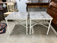 Pair, Brutalist Giacometti Style Iron & Marble Top Side Tables Circa 1960