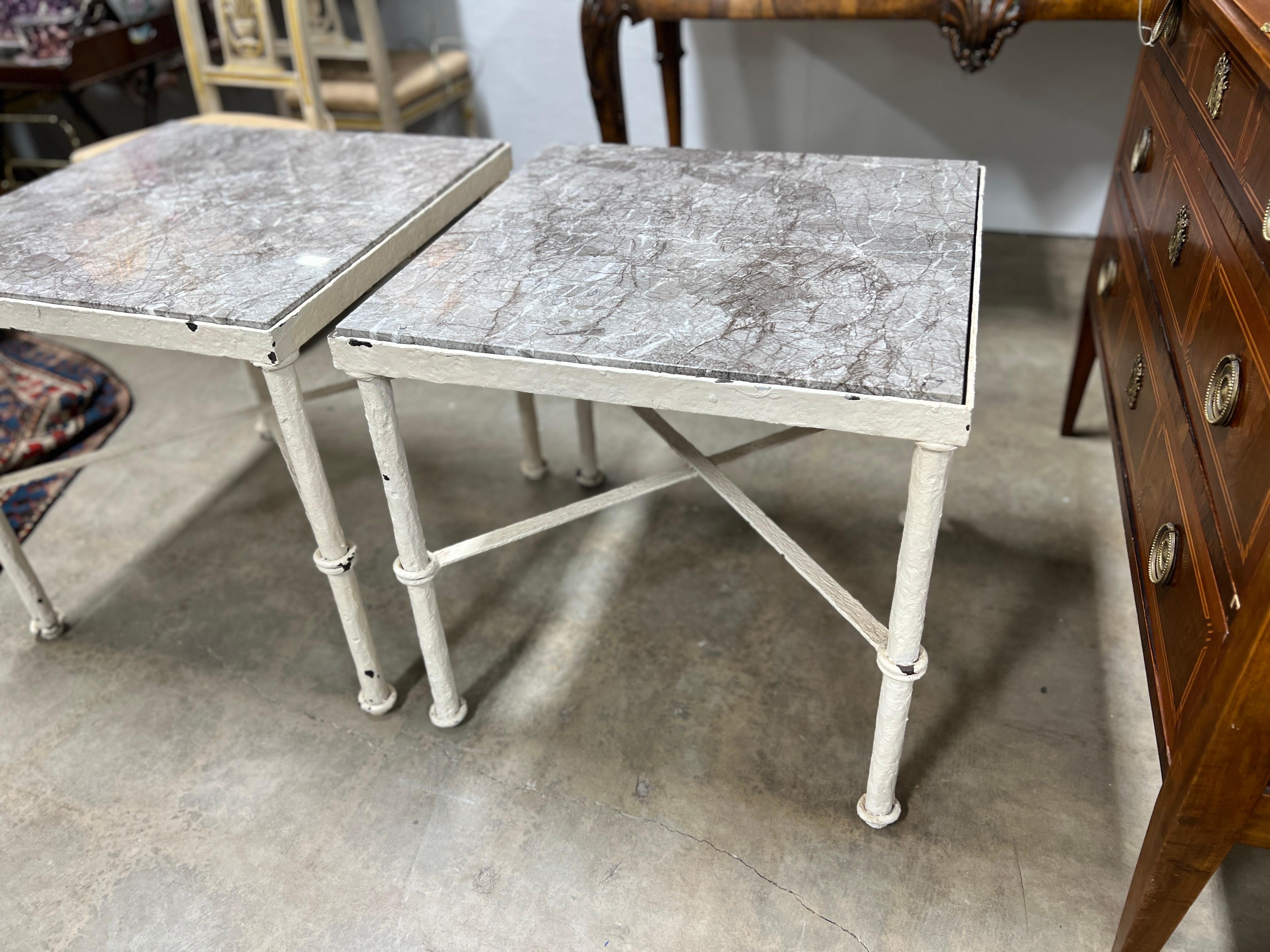 Pair, Brutalist Giacometti Style Iron & Marble Top Side Tables Circa 1960 In Good Condition For Sale In Atlanta, GA