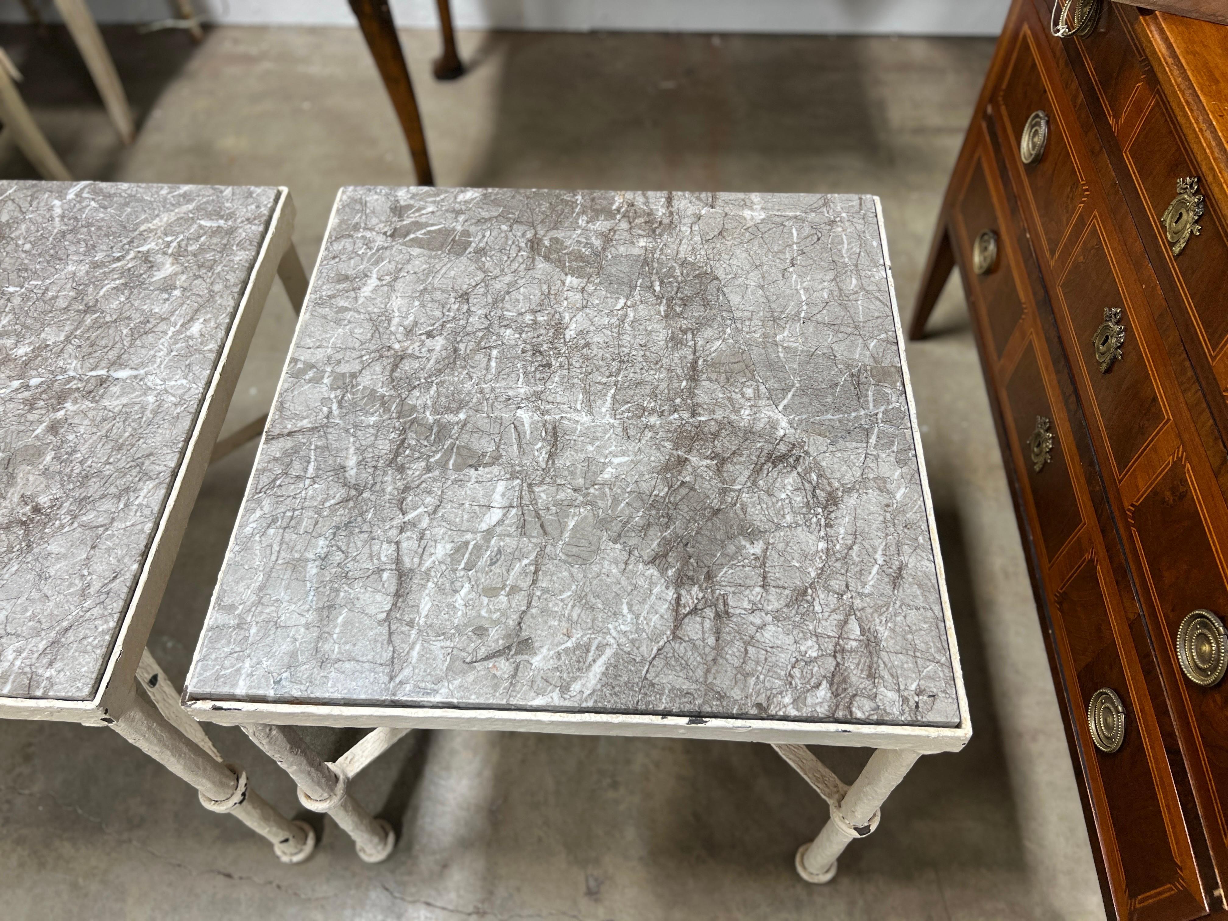 Pair, Brutalist Giacometti Style Iron & Marble Top Side Tables Circa 1960 For Sale 3