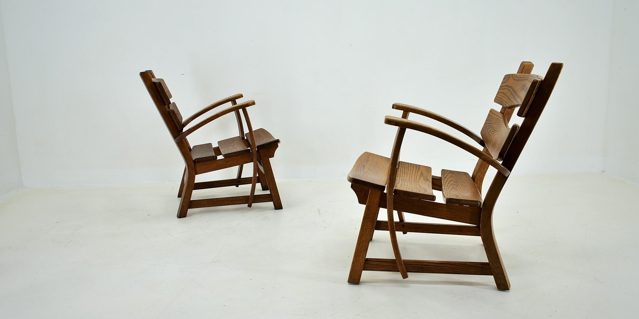 Pair Brutalist Solid Oak Lounge Chairs by Dittmann & Co., 1970s For Sale 3