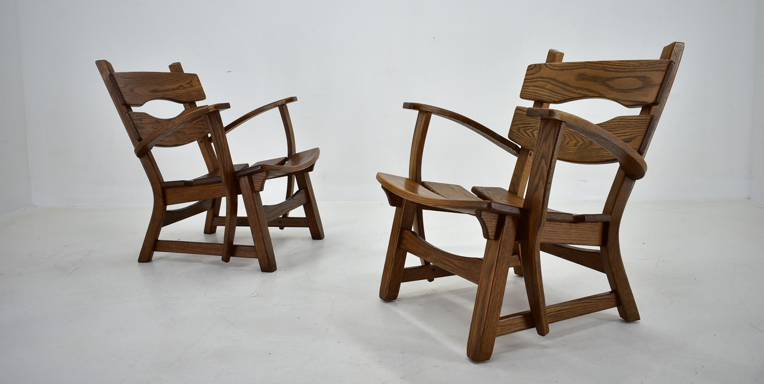 Pair Brutalist Solid Oak Lounge Chairs by Dittmann & Co., 1970s For Sale 8