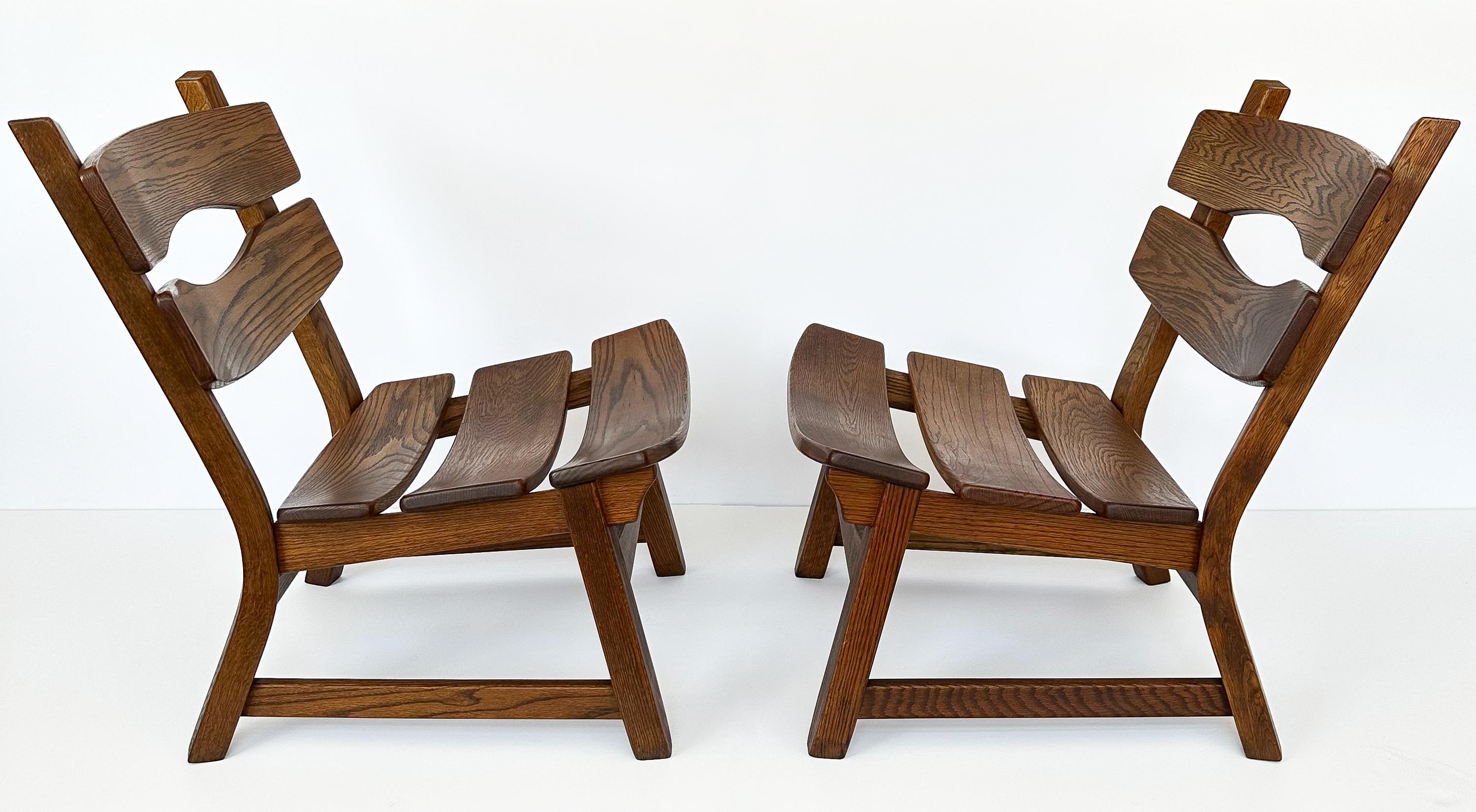 Dutch Pair Rustic Modernist Solid Oak Lounge Chairs by Dittmann & Co For Sale