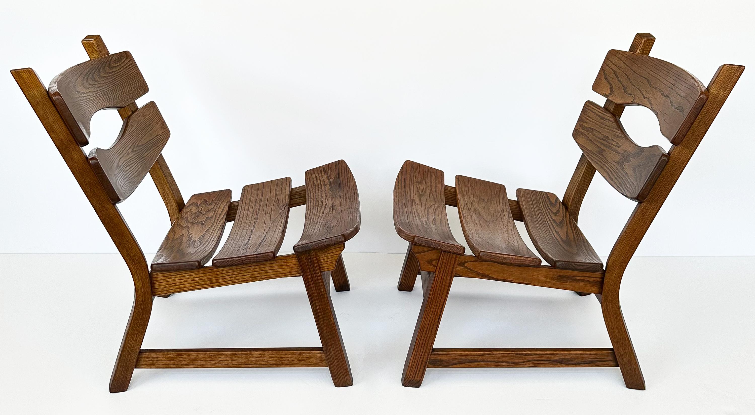Mid-Century Modern Pair Rustic Modernist Solid Oak Lounge Chairs by Dittmann & Co