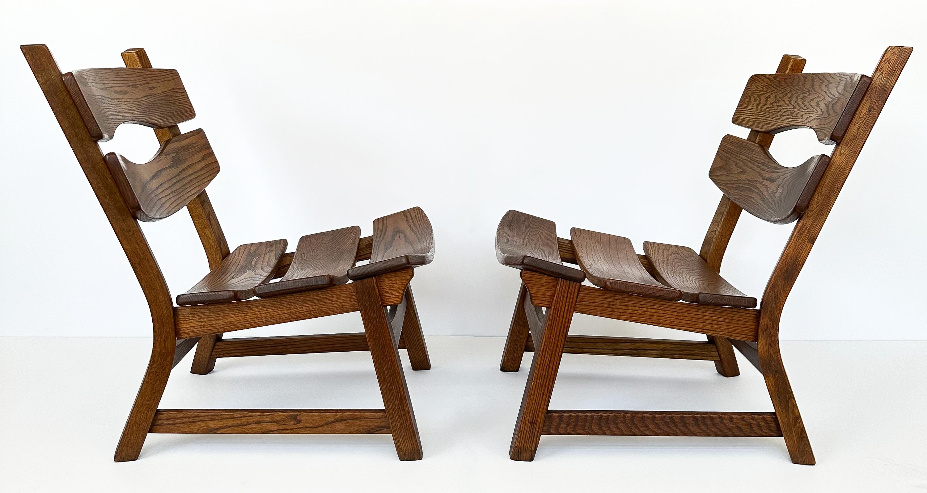 Stained Pair Rustic Modernist Solid Oak Lounge Chairs by Dittmann & Co For Sale