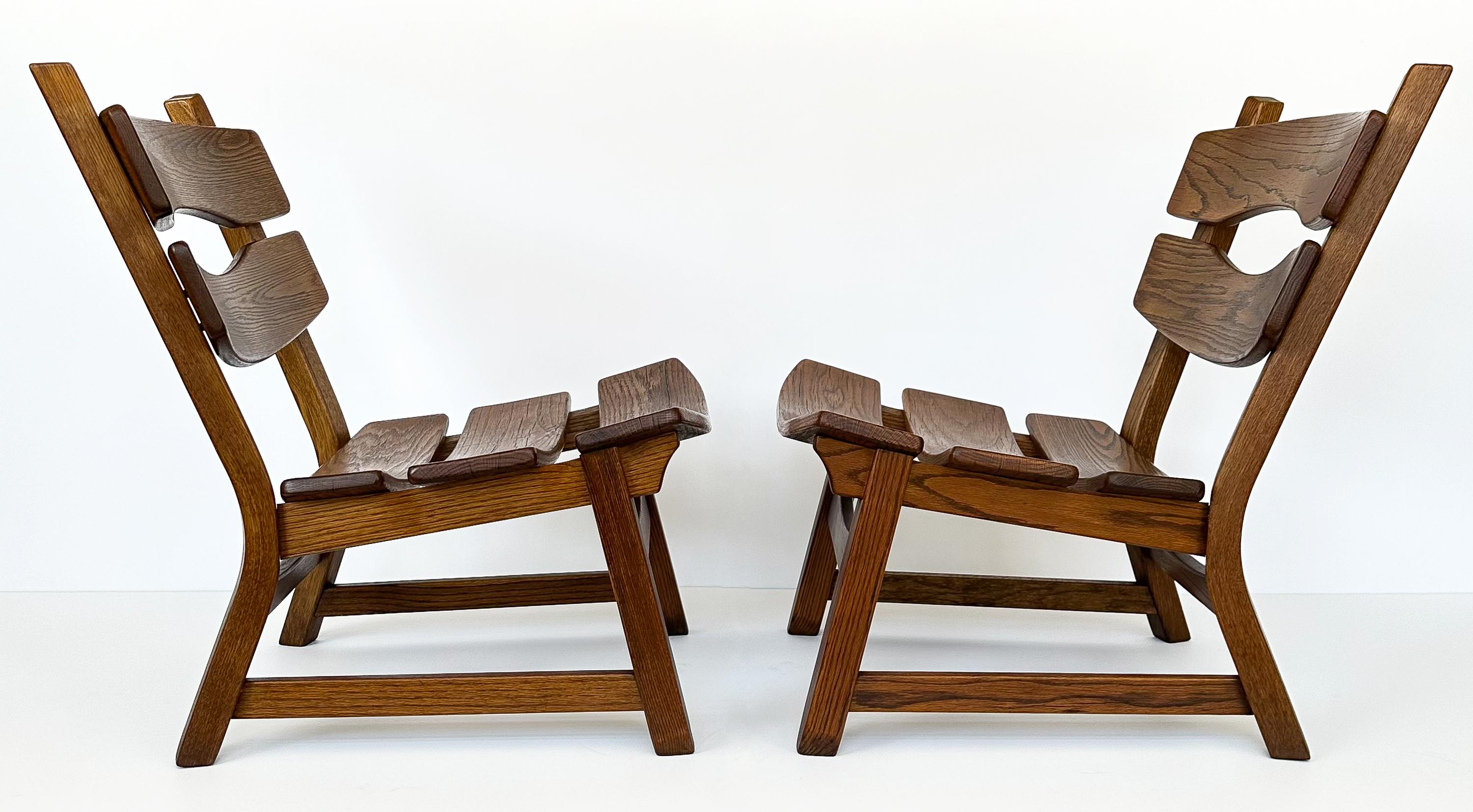 Dutch Pair Rustic Modernist Solid Oak Lounge Chairs by Dittmann & Co