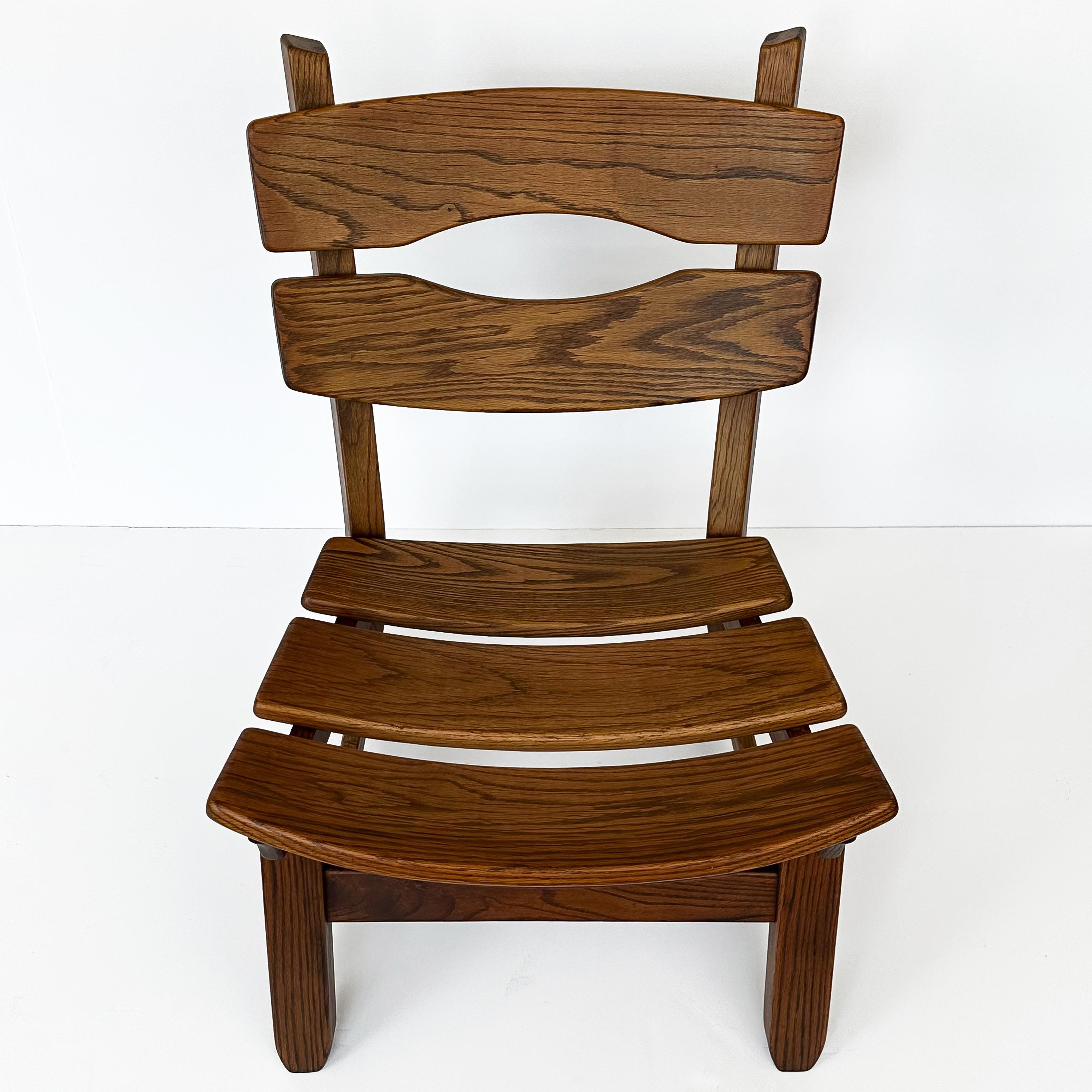 Stained Pair Rustic Modernist Solid Oak Lounge Chairs by Dittmann & Co