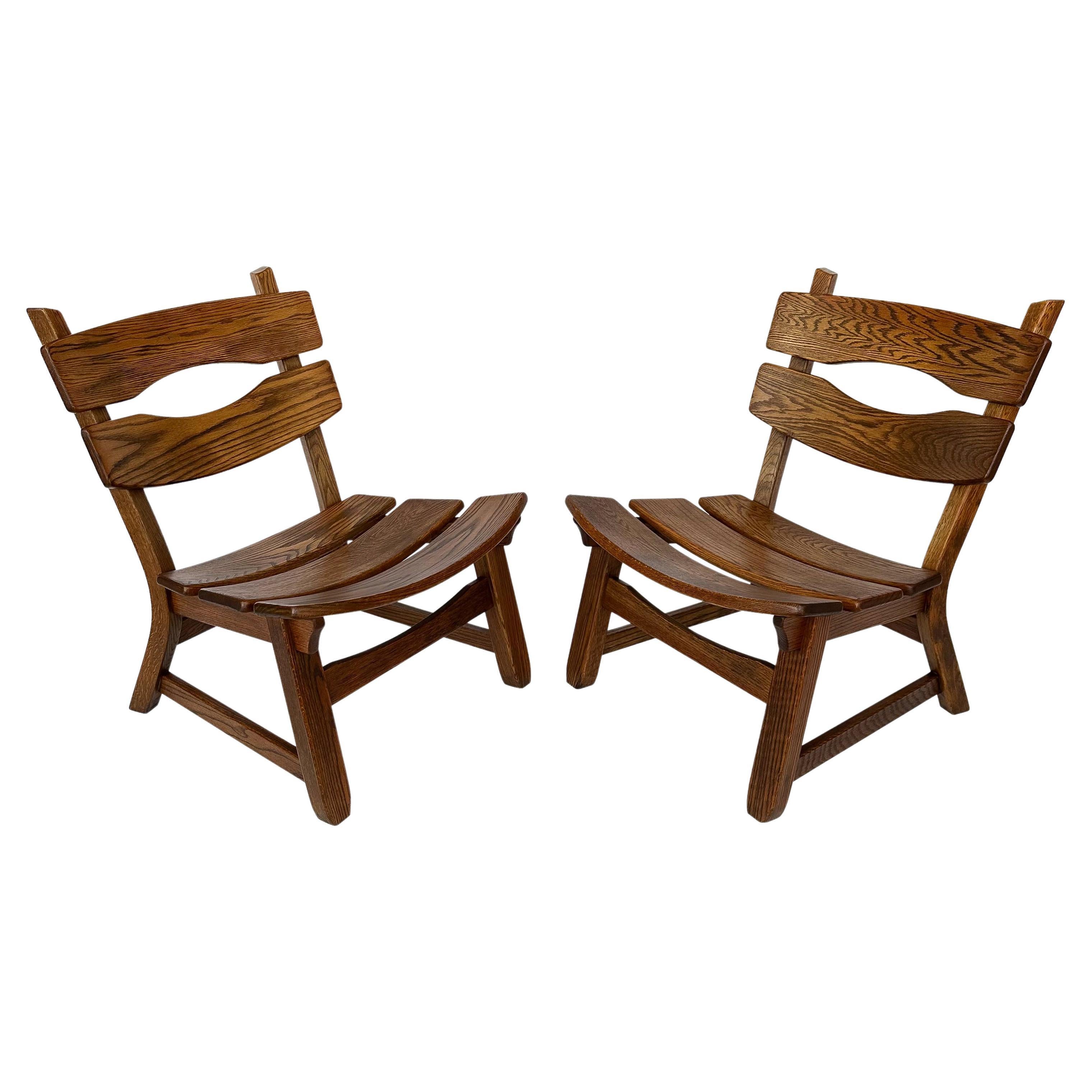 Pair Brutalist Solid Oak Lounge Chairs by Dittmann & Co