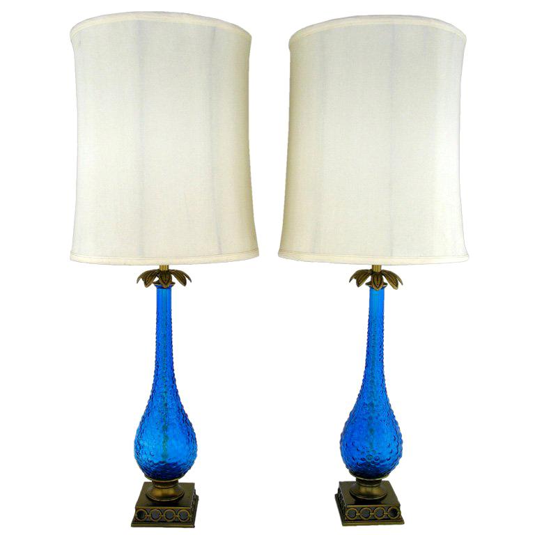 Pair Bubble Textured Blue Glass Table, Bubble Glass Table Lamp