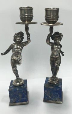 Pair Buccellati Italian Sterling Silver Lapis Lazuli Veneered Candlesticks c1950