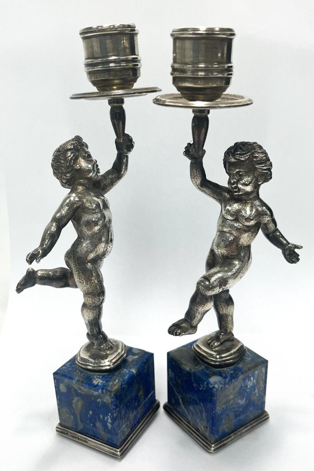 Pair Buccellati Italian Sterling Silver Lapis Lazuli Veneered Candlesticks c1950 For Sale 1