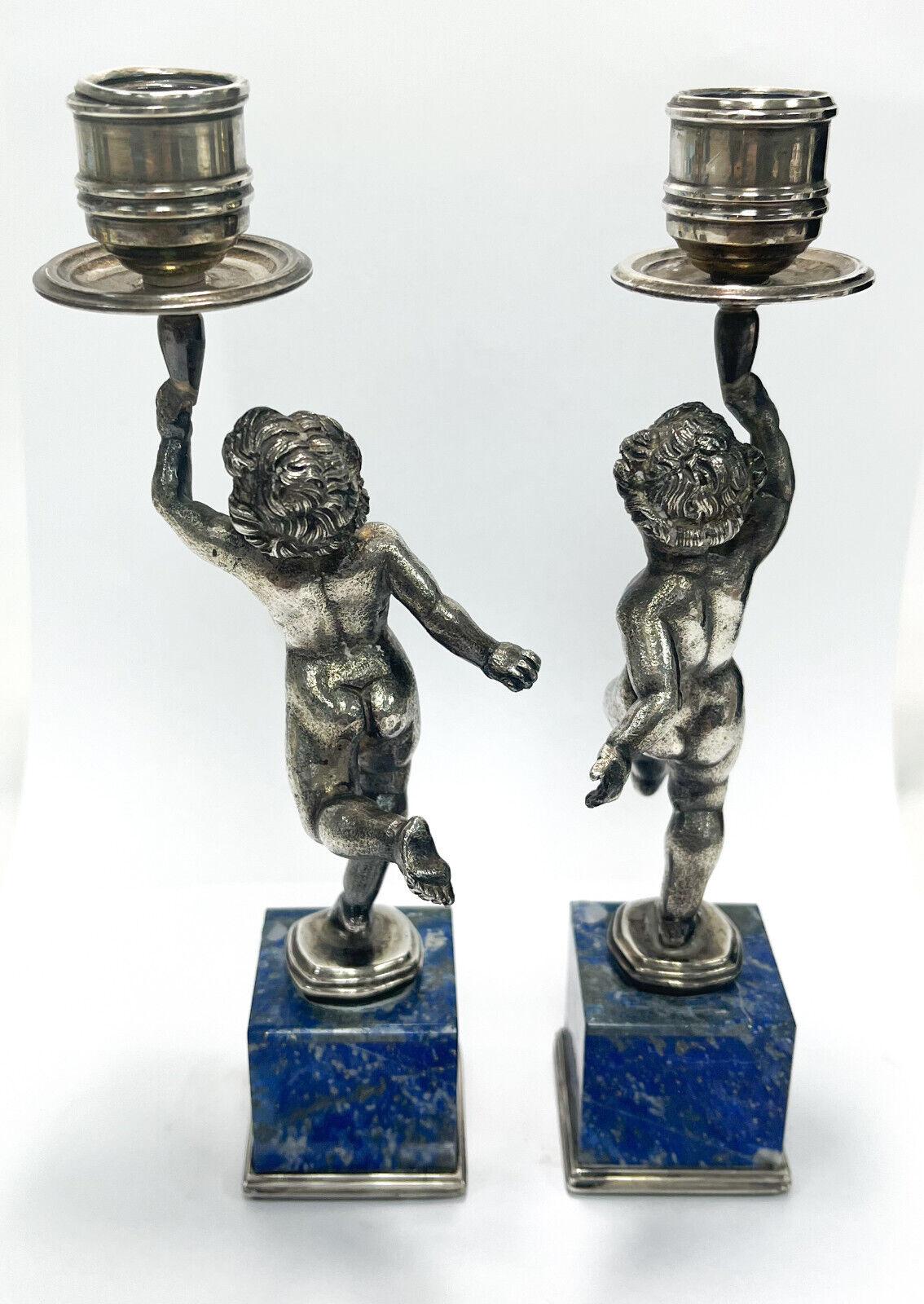 Pair Buccellati Italian Sterling Silver Lapis Lazuli Veneered Candlesticks c1950 For Sale 2