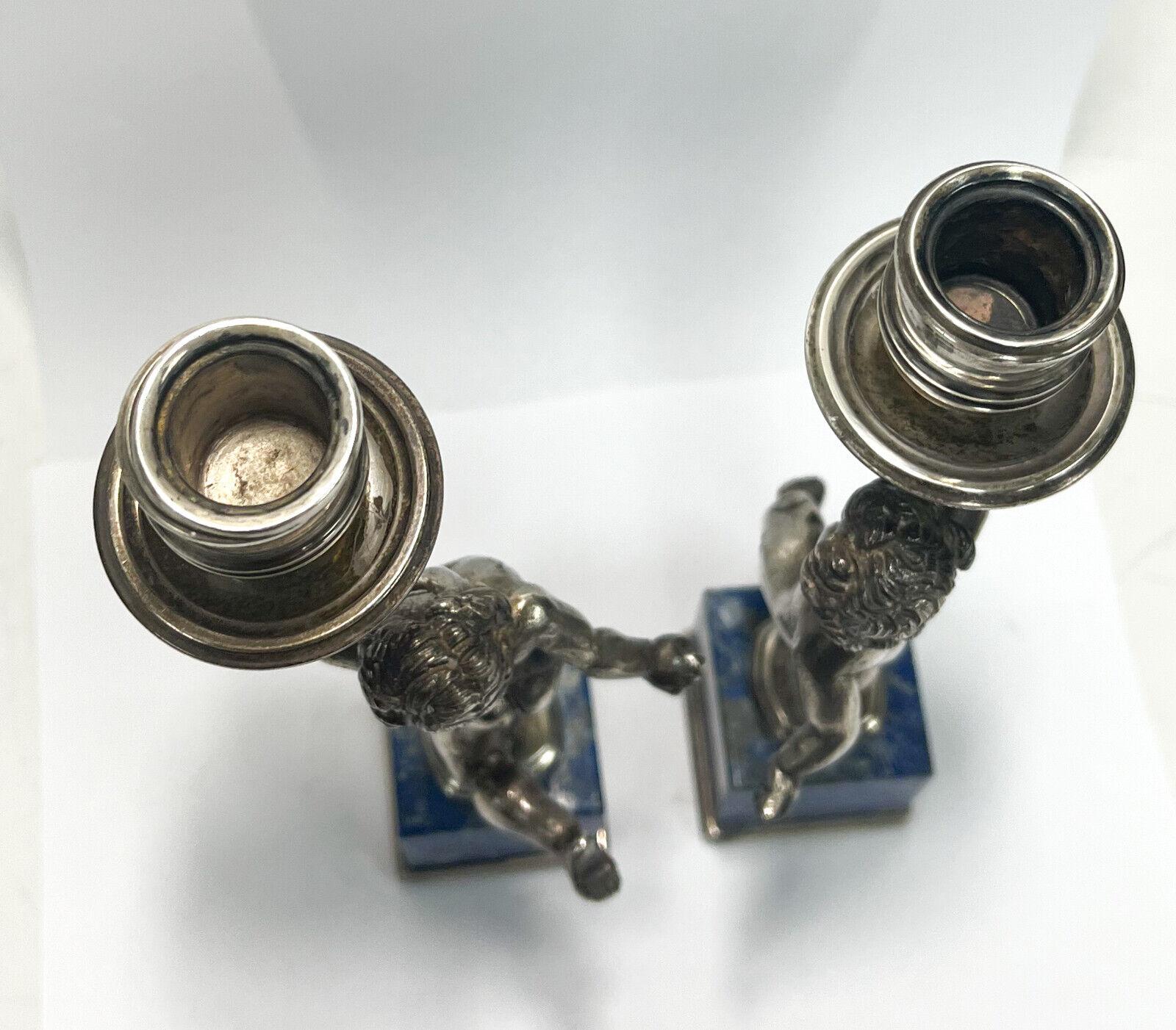 Pair Buccellati Italian Sterling Silver Lapis Lazuli Veneered Candlesticks c1950 For Sale 3