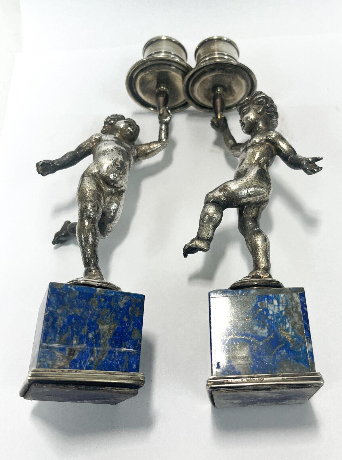 Paire de chandeliers italiens en argent sterling plaqués de lapis-lazuli, vers 1950 en vente 3