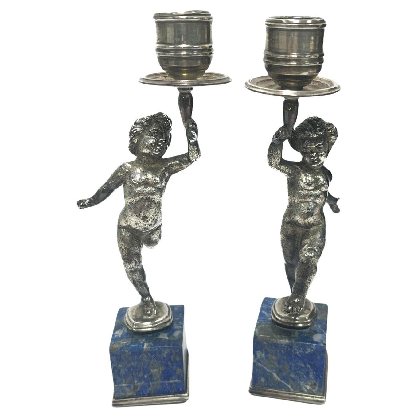 Paar Buccellati Italienische Sterling Silber Lapislazuli furnierte Kerzenständer um 1950