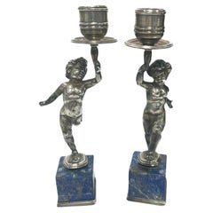 Paar Buccellati Italienische Sterling Silber Lapislazuli furnierte Kerzenständer um 1950